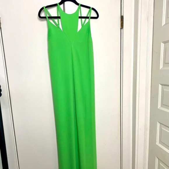 chinese dress ladies BCBG Size 12 Green Silk Mixed Fabrics Halter Mid Calf Dress  Sui Generis  Designer Consignment